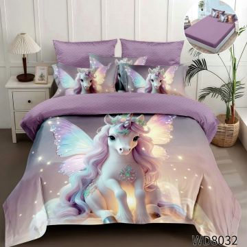 Lenjerie de pat Finet 5D Digital Print cu elastic – 4 piese, Magic Unicorn Glow