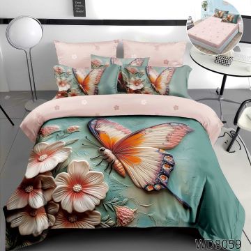 Lenjerie de pat Finet 5D Digital Print cu elastic – 4 piese, Peach Butterfly Fantasy