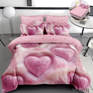 Lenjerie de pat Finet 5D Digital Print cu elastic – 4 piese, Pink Velvet Hearts