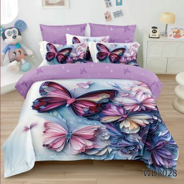 Lenjerie de pat Finet 5D Digital Print cu elastic – 4 piese, Violet Fantasy Butterflies