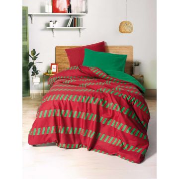 Lenjerie de pat pentru o persoana, L'essentiel Maison, Holly, Bumbac Ranforce, Verde/Roșu