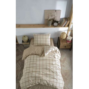 Lenjerie de pat pentru o persoana, L'essentiel Maison, Kare, Bumbac Ranforce, Crem