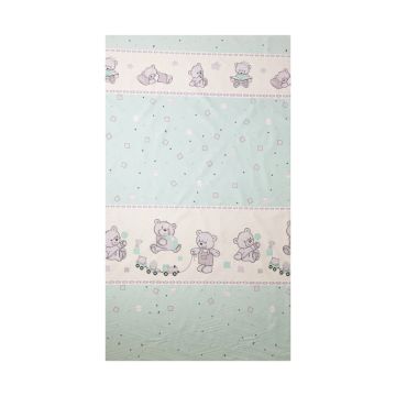 Lenjerie din bumbac cu 5 piese pentru saltea 120x60 cm Beberoyal BearsToys Turcoaz ambalata intr-o gentuta de transport