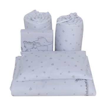 Lenjerie din bumbac cu 5 piese pentru saltea 120x60 cm Beberoyal Safari Friends Alb ambalata intr-o gentuta de transport