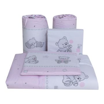 Lenjerie din bumbac cu 5 piese pentru saltea 140x70 cm Beberoyal BearsToys Roz