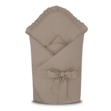 Paturica de infasat, MimiNu, Cu volanase, Cu multiple utilizari, Cu inchidere cu panglica, Dimensiune 75x75 cm, Din bumbac certificat Oeko Tex Standard 100, Colectia Royal, Mocha