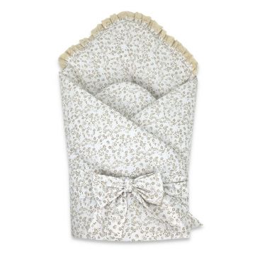 Paturica de infasat, MimiNu, Premium, Cu volanase si dantela, Cu multiple utilizari, Cu inchidere cu panglica, Dimensiune 75x75 cm, Din bumbac certificat Oeko Tex Standard 100, Meadow