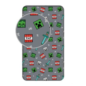 Cearceaf pentru copii gri din bumbac pentru pat de o persoanÄcu elastic 90x200 cm Minecraft 