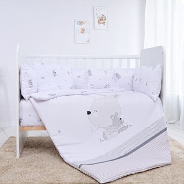 Lenjerie cu 7 piese pentru patut 120x60 cm Lorelli Lily Little Rabbits Grey din bumbac ranforce