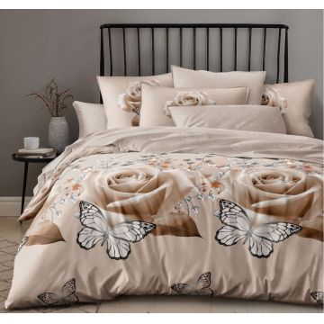 Lenjerie cu Elastic 180x200 Secret Garden Beige (Bumbac Satinat)