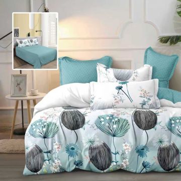 Lenjerie de pat din finet cu 6 piese, cearceaf pat clasic, cearceaf pilota 200 x 230 cm, 2 fete perna 50 x 70 cm si 2 fete perna 70 x 70 cm alb - turcoaz