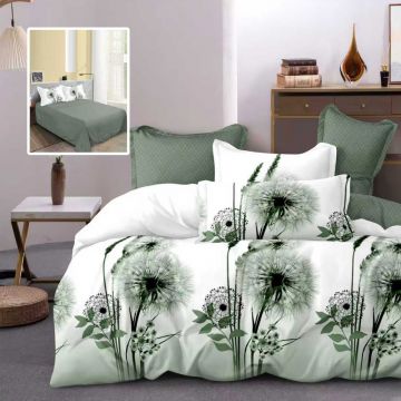 Lenjerie de pat din finet cu 6 piese, cearceaf pat clasic, cearceaf pilota 200 x 230 cm, 2 fete perna 50 x 70 cm si 2 fete perna 70 x 70 cm model papadie verde