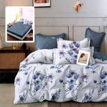 Lenjerie de pat din finet cu 6 piese, cearceaf pat cu elastic, cearceaf pilota 200 x 230 cm, 2 fete perna 50 x 70 cm si 2 fete perna 70 x 70 cm model mov cu flori