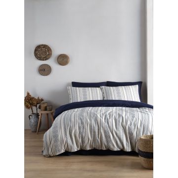 Lenjerie de pat dubla, L'essentiel Maison, Coastal Trio, Bumbac Satinat, Albastru indigo / Crem