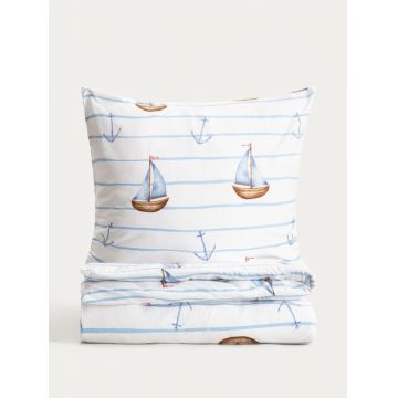 Lenjerie de pat King Size, EC Isla, Homla, 200x220 cm, 3 piese, microfibra din poliester, alb/albastru