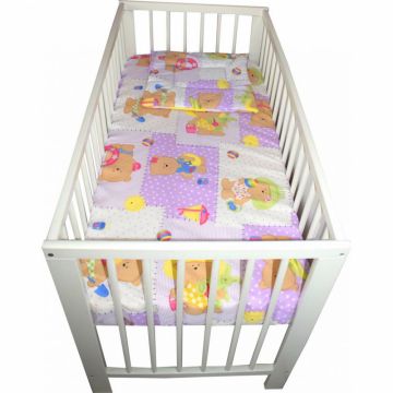 Lenjerie din bumbac cu 3 piese pentru patut Novokids Ursulet Palarie Mov