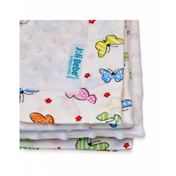 Paturica cu 2 fete din plus minky si bumbac 100 x 100 cm model fluturi, alb