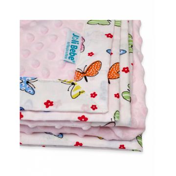 Paturica cu 2 fete din plus minky si bumbac 100 x 100 cm model fluturi, roz