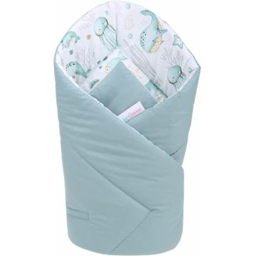 Paturica de infasat multifunctionala pentru nou-nascuti BabyMam Green Marine, din bumbac cu doua fete, fixare cu velcro, dimensiune 80 x 80 cm