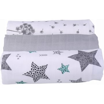 Set 3 scutece de muselina pentru copii BabyMam Grey Stars, dimensiune 60 x 75 cm