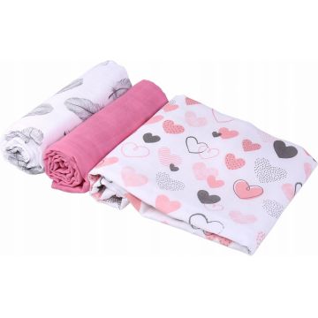 Set 3 scutece de muselina pentru copii BabyMam Pink Heart, dimensiune 60 x 75 cm