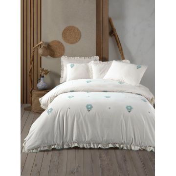 Set cuvertura de pat dubla 3 piese, L'essentiel Maison, Florita, Bumbac, Verde menta
