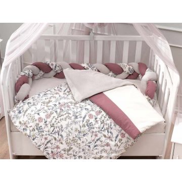 Set de dormit pentru bebelusi cu protectie laterala, Wallxpert, Flower, Roz / Alb / Gri