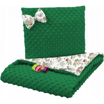 Set paturica 75x100 cm si perna 35x30 cm pentru copii, BabyMam minky green forest, versatila cu doua fete
