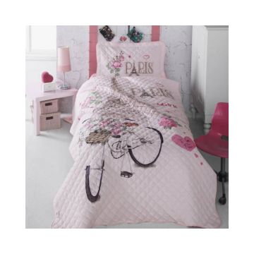 Cuvertura De Pat Clasy-Matlasata Paris Love, 180x240 cm, 1 fata perna, bumbac, multicolor, reversibil