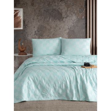 Cuvertura matlasata dubla, L'essentiel Maison, Kareli Saten, Amestec bumbac, Verde menta