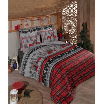 Lenjerie de pat dubla (EU) (IT), 3 piese, L'essentiel Maison, Christmas, Roșu / Gri / Negru