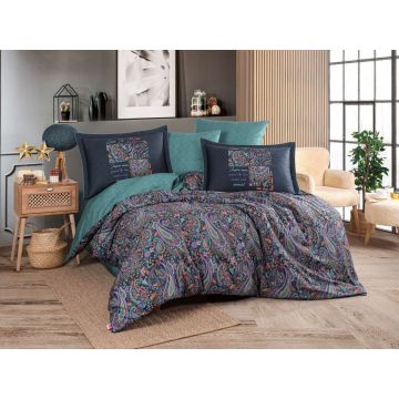 Lenjerie de pat dubla Exclusive Satin 6 piese, L'essentiel Maison, Clementina, Verde / Mov / Portocaliu / Albastru închis