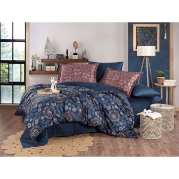 Lenjerie de pat dubla Exclusive Satin 6 piese, L'essentiel Maison, Fiorella, Albastru închis / Maro