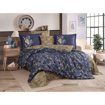 Lenjerie de pat dubla Exclusive Satin 6 piese, L'essentiel Maison, Jessica, Albastru închis / Kaki