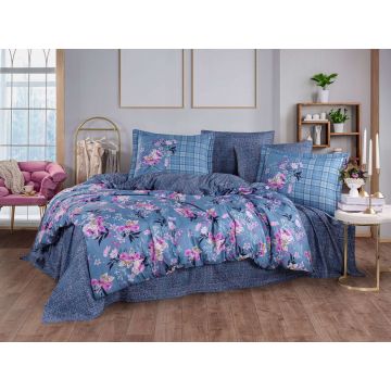 Lenjerie de pat dubla Exclusive Satin 6 piese, L'essentiel Maison, Victoria, Albastru/Roz