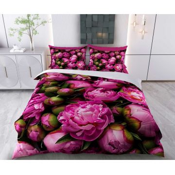 Lenjerie de pat dubla King (FR), 3 piese, L'essentiel Maison, Claris, Bumbac;Poliester, Roz / Verde / Negru
