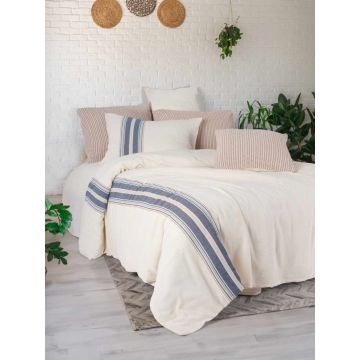 Lenjerie de pat dubla, L'essentiel Maison, Bononni, Crem / Albastru marin