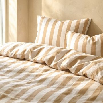 Lenjerie de pat dubla Rayas, Homla, 160x200 cm, 3 piese, microfibra din poliester, alb/bej