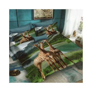 Lenjerie De Pat Giraffes D61 Finet, 70% bumbac, 30% poliester, 6 piese, pentru 2 persoane, multicolor