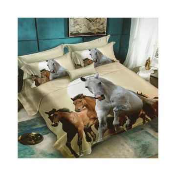 Lenjerie De Pat Horses D58 Finet, 70% bumbac, 30% poliester, 6 piese, pentru 2 persoane, multicolor