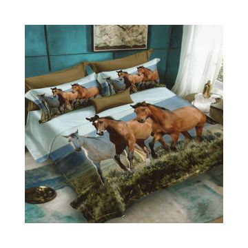 Lenjerie De Pat Horses D69 Finet, 70% bumbac, 30% poliester, 6 piese, pentru 2 persoane, multicolor