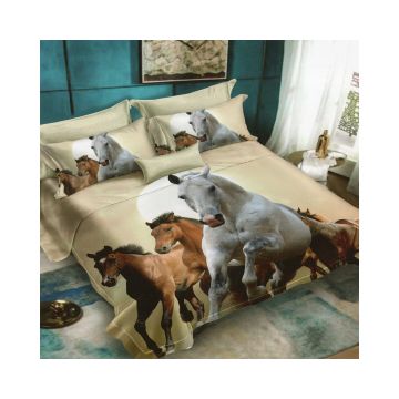 Lenjerie De Pat Horses D70 Finet, 70% bumbac, 30% poliester, 6 piese, pentru 2 persoane, multicolor