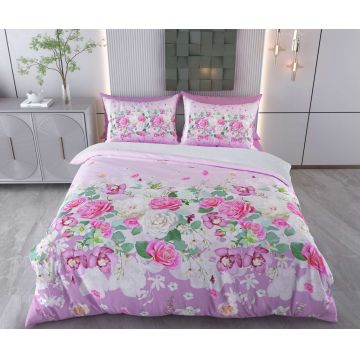 Lenjerie de pat pentru o persoana (DE), 2 piese, L'essentiel Maison, Fleur, Bumbac;Poliester, Roz / Mov / Verde / Alb