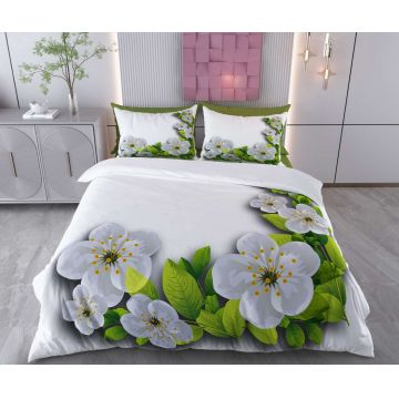 Lenjerie de pat pentru o persoana (DE), 2 piese, L'essentiel Maison, Plum Blossom, Bumbac;Poliester, Alb / Verde / Gri