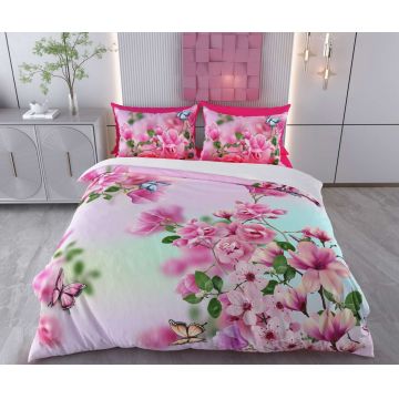 Lenjerie de pat pentru o persoana Single XXL (DE), 2 piese, L'essentiel Maison, Begona, Bumbac;Poliester, Alb / Roz / Verde