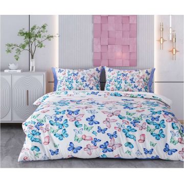 Lenjerie de pat pentru o persoana Single XXL (DE), 2 piese, L'essentiel Maison, Butterfly Valley, Bumbac;Poliester, Alb / Albastru închis / Verde / Albastru / Roșu
