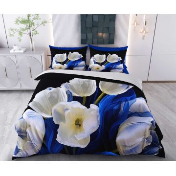 Lenjerie de pat pentru o persoana Single XXL (DE), 2 piese, L'essentiel Maison, Caspera, Bumbac;Poliester, Negru / Alb / Albastru închis