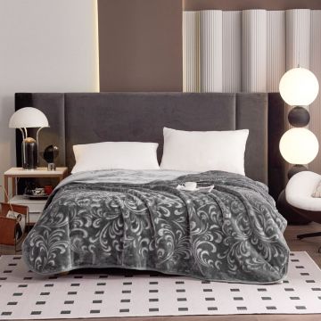 Pătură Embosată Floral Premium Antracit, Catifelată, 200x230 cm