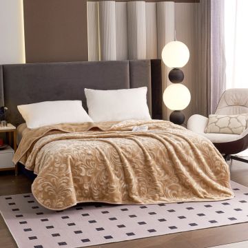 Pătură Embosată Floral Premium Bej, Catifelată, 200x230 cm