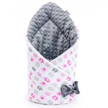 Paturica multifunctionala de infasat bebelusi Bocioland Minky Pink elephant 80x80 cm, cu 2 fete, din bumbac 100, fixare cu fundita asortata